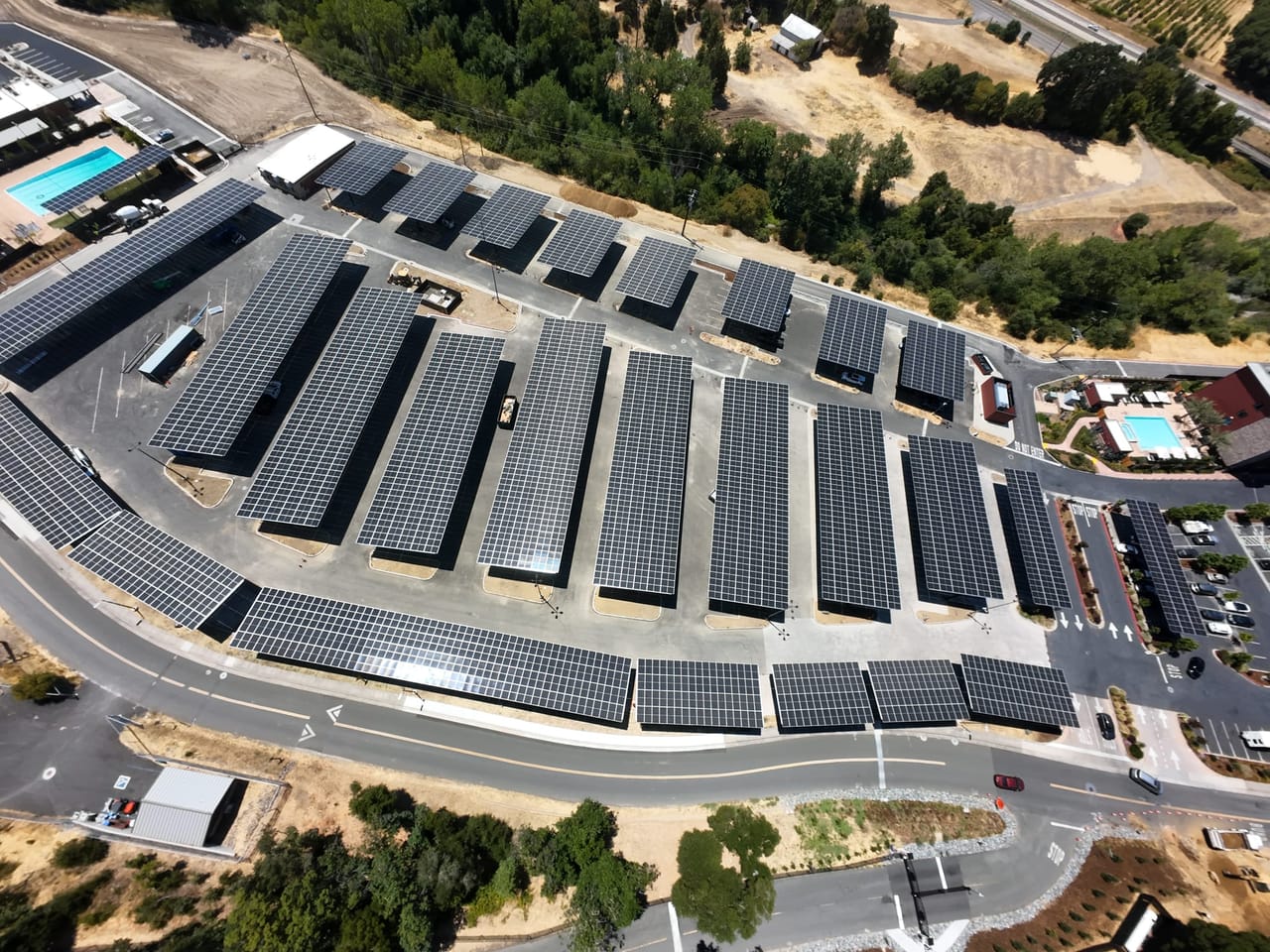 Aerial of a 2.23 MW ground-mount solar array serving the Coyote Valley Band of Pomo Indians in Redwood Valley, California
