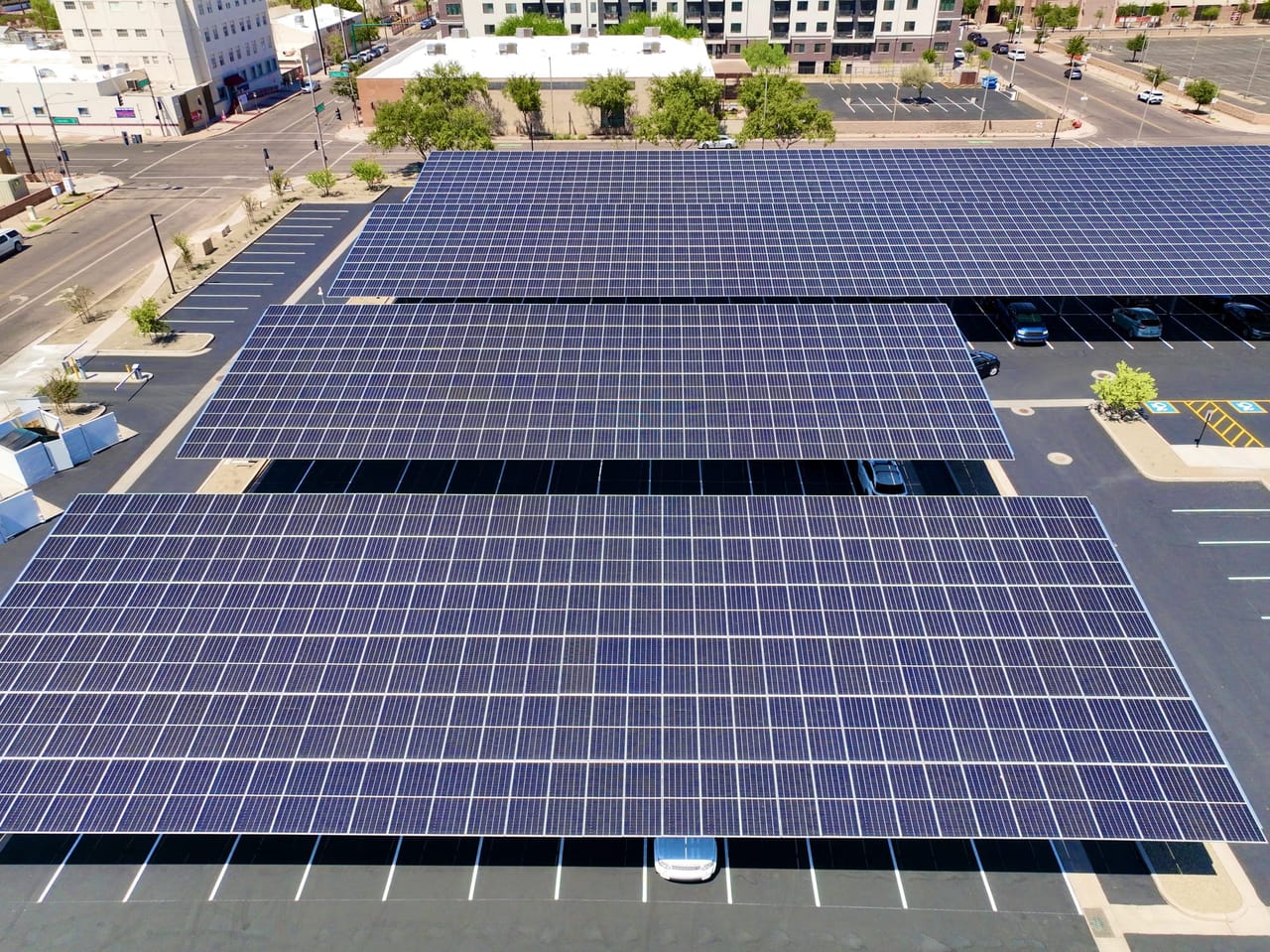 Solar carports at a professional sports headquarters and practice facility in Phoenix, Arizona